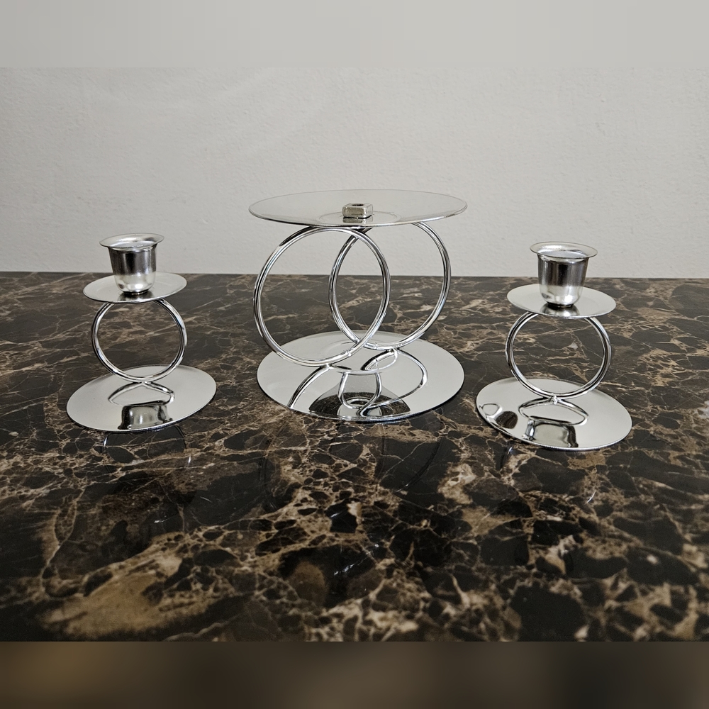 3 pcs Eternity Ring💍 Silver Tone Unity Candle🕯 Holder Set